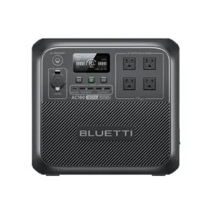 A BLUETTI AC180 portable power station featuring four AC outlets, digital display, and control buttons for managing power settings.