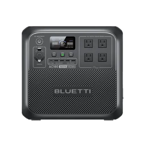 A BLUETTI AC180 portable power station featuring four AC outlets, digital display, and control buttons for managing power settings.