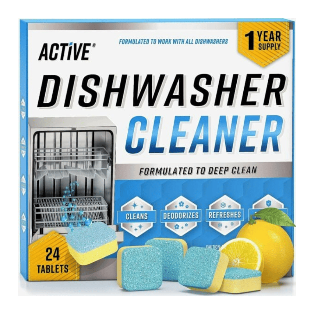 Active Dishwasher Cleaner, 24 tablets, is formulated to deep clean, deodorize, and refresh dishwashers. Contains a one-year supply and features a lemon scent.
