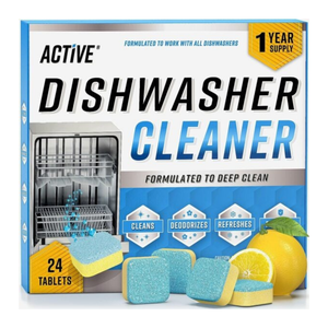Active Dishwasher Cleaner, 24 tablets, is formulated to deep clean, deodorize, and refresh dishwashers. Contains a one-year supply and features a lemon scent.