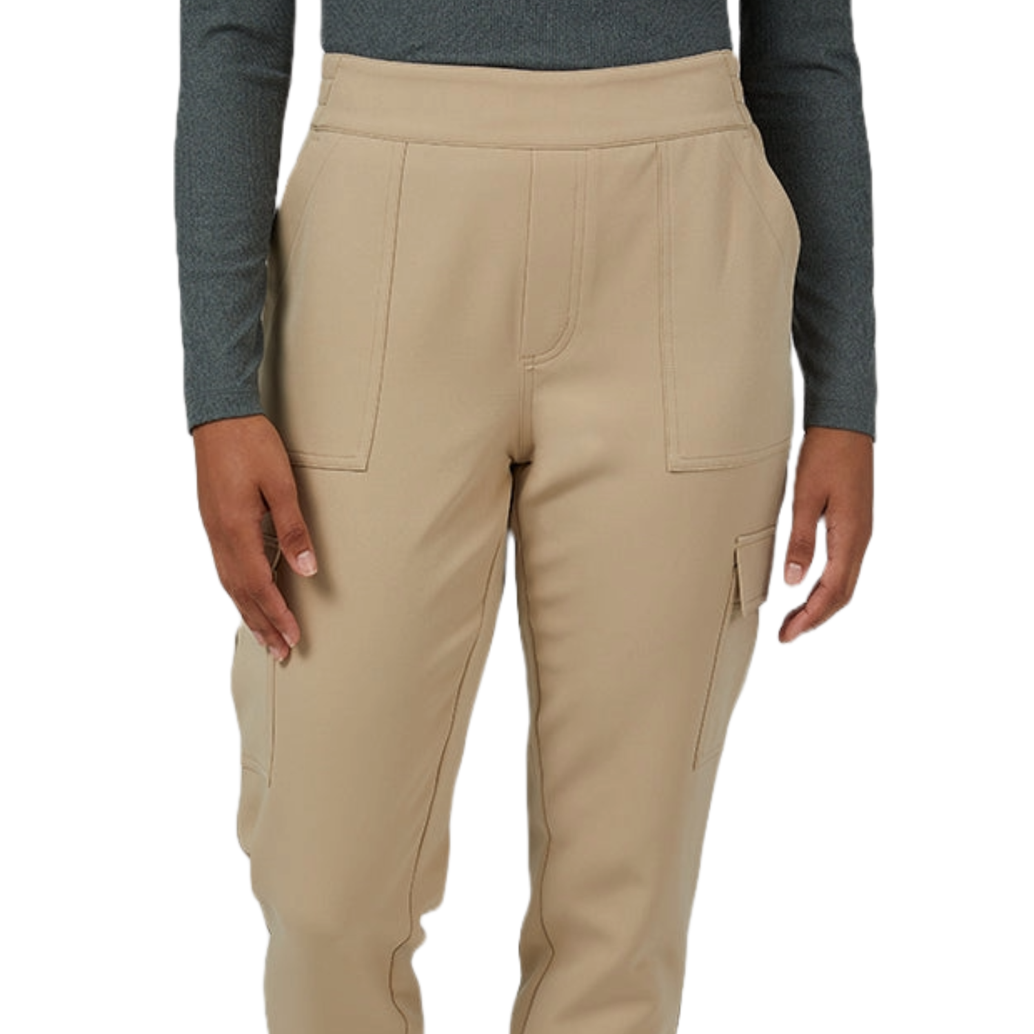 Beige high-waisted pants with side pockets and a subtle cargo design, paired with a long-sleeve gray top.