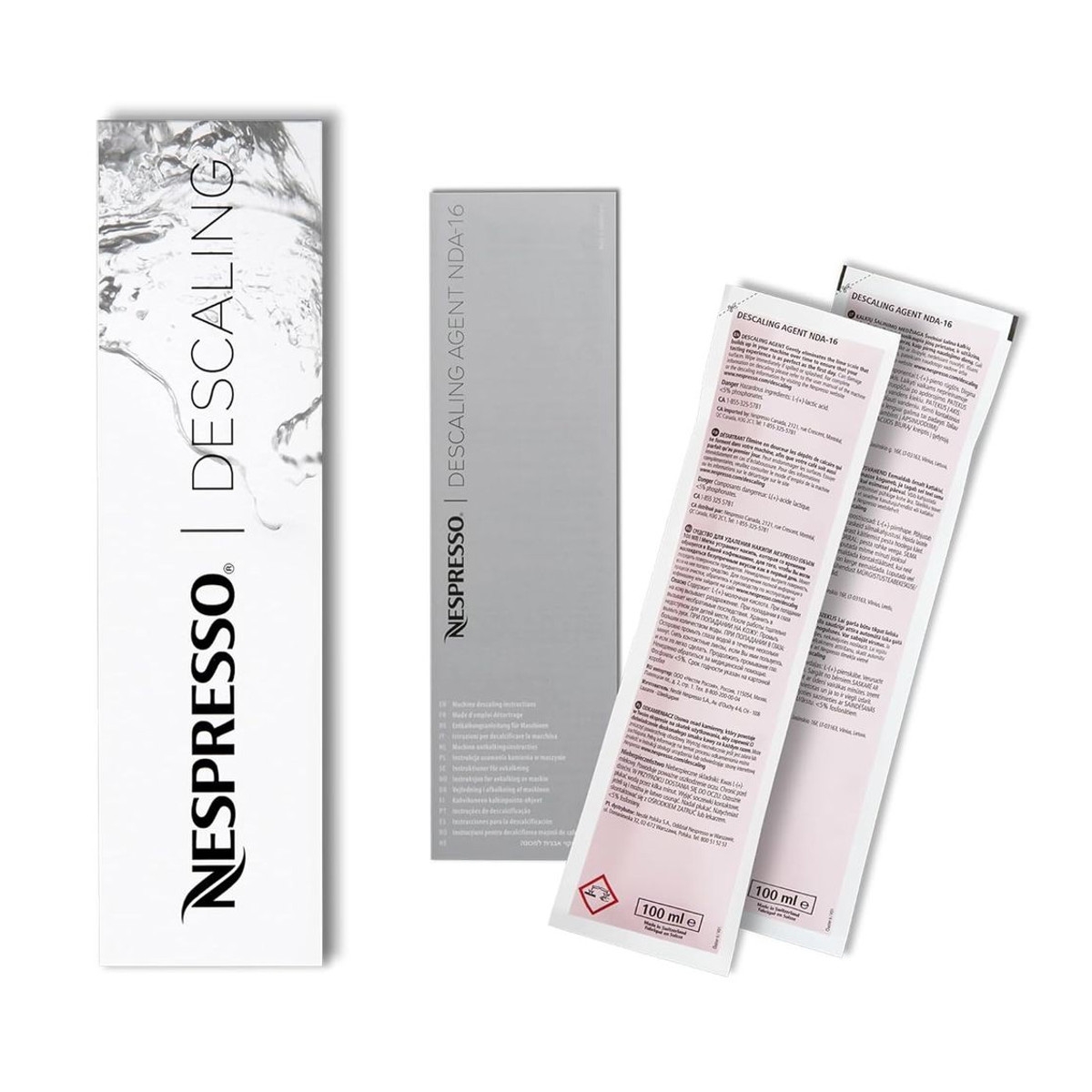 Nespresso Descaling Kit includes two 100 ml sachets of descaling agent NDA 16 for cleaning coffee machines. The packaging features clear instructions for use.
