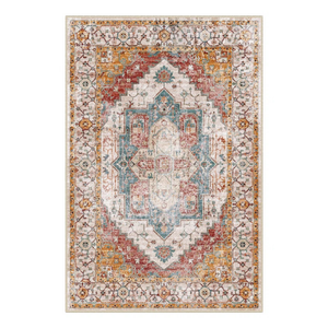 A rectangular, Persian-style area rug features an intricate geometric and floral pattern in colors including red, blue, and gold, with a white background.