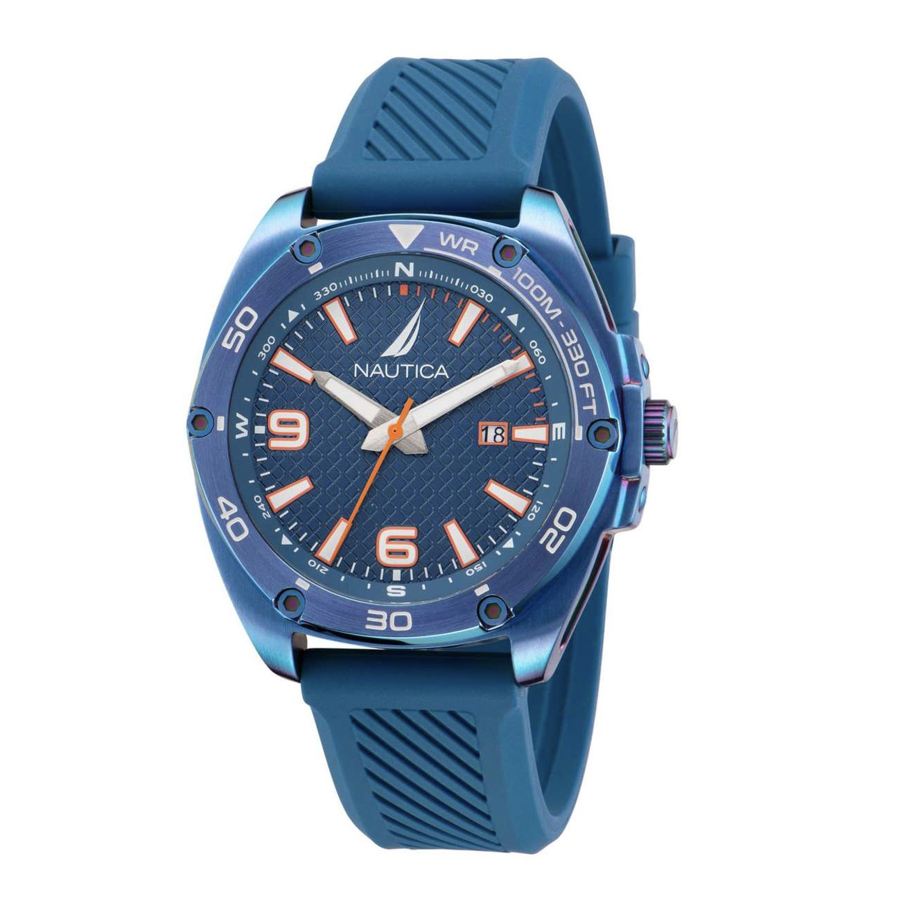 A blue Nautica wristwatch with an orange and white dial, and date function.