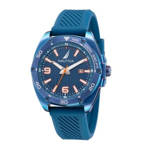A blue Nautica wristwatch with an orange and white dial, and date function.