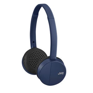 Blue JVC wireless on-ear headphones with cushioned ear pads and a sleek design.
