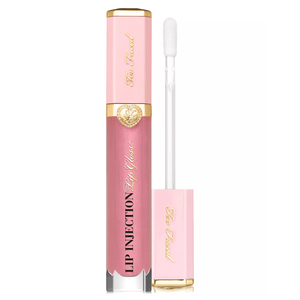 Too Faced Lip Injection Lip Gloss in a shimmering pink shade with gold and pink packaging, featuring a heart design and wand applicator.