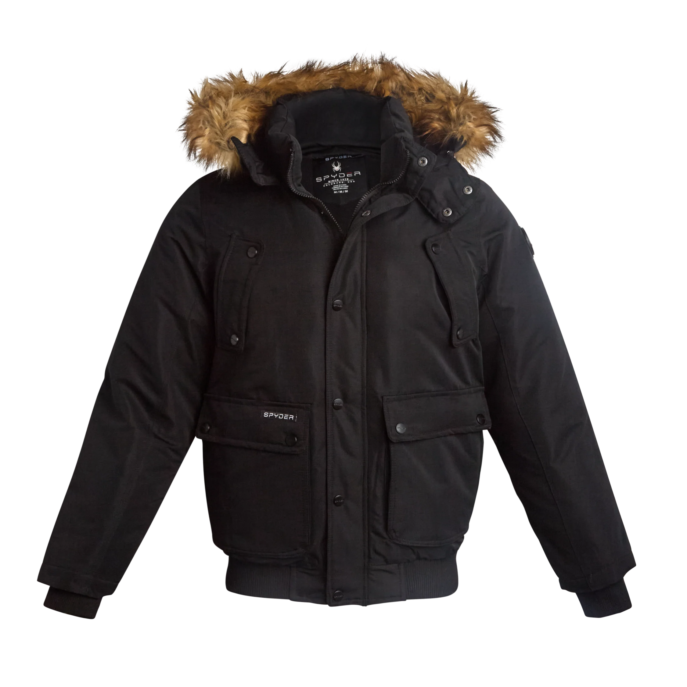 A black Spyder winter jacket with a faux fur-trimmed hood, multiple snap-button pockets, and a front zip closure.
