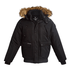 A black Spyder winter jacket with a faux fur-trimmed hood, multiple snap-button pockets, and a front zip closure.