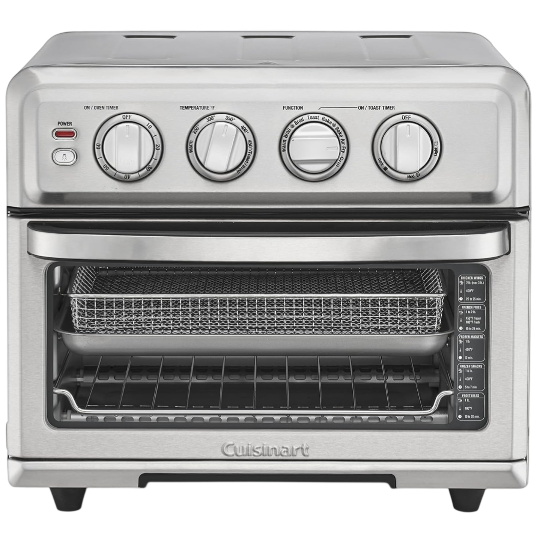 A Cuisinart stainless steel toaster oven with dials for power, temperature, function, and a timer, featuring a mesh basket and wire rack inside.