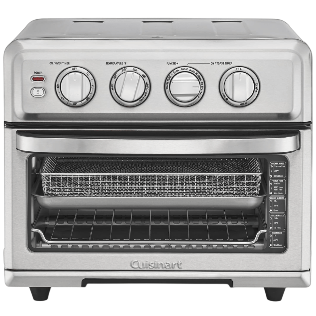 A Cuisinart stainless steel toaster oven with dials for power, temperature, function, and a timer, featuring a mesh basket and wire rack inside.