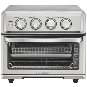 A Cuisinart stainless steel toaster oven with dials for power, temperature, function, and a timer, featuring a mesh basket and wire rack inside.