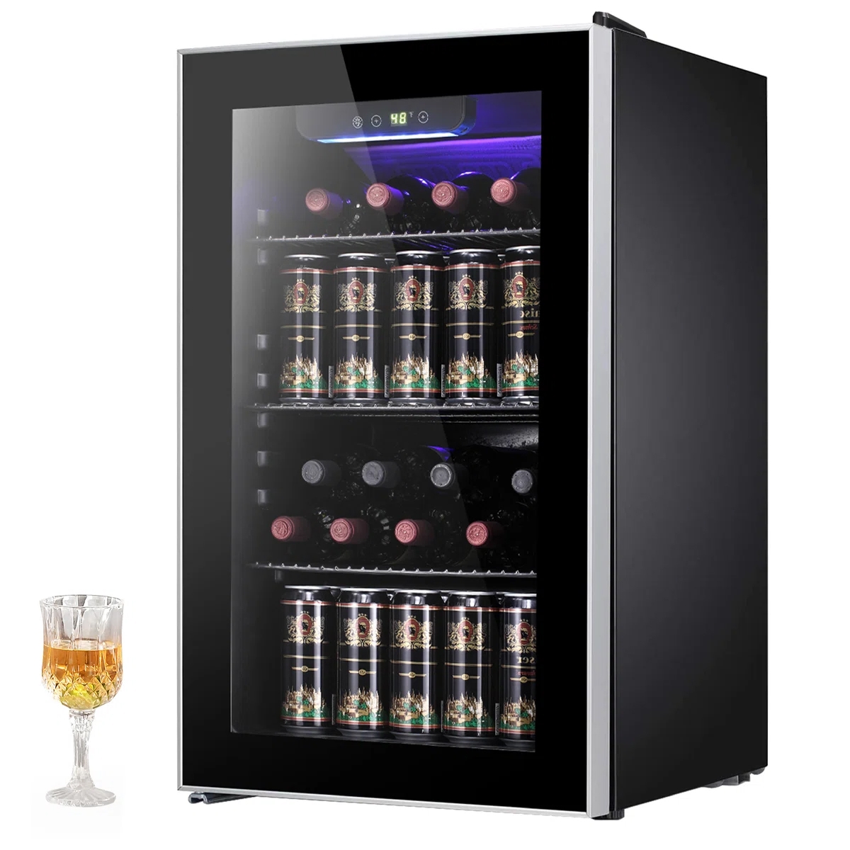 A modern glass-door beverage cooler, stocked with wine bottles and canned drinks, is displayed alongside a filled glass on the side.