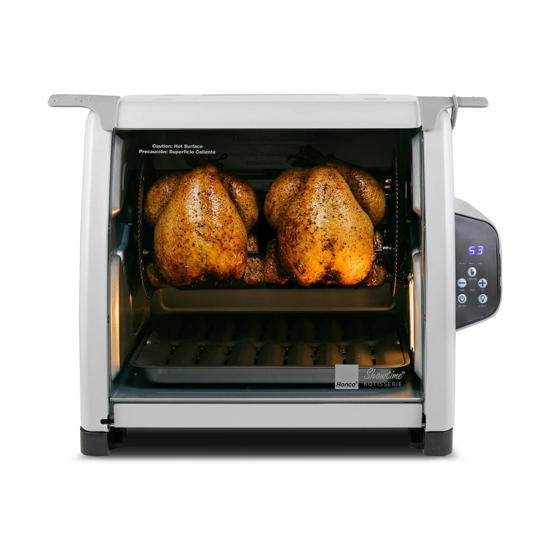 A countertop rotisserie oven displaying two roasted chickens.