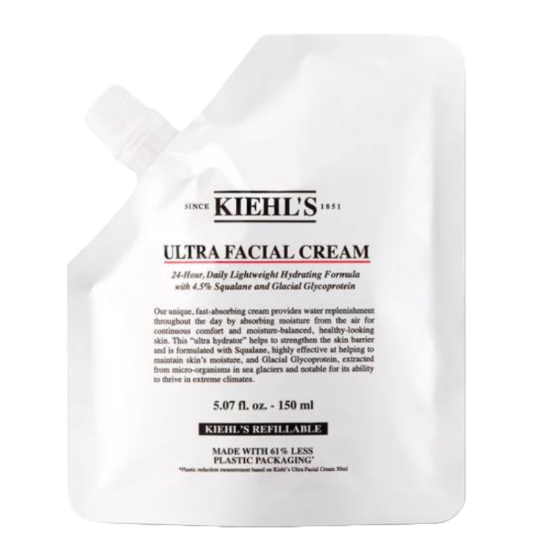 Kiehl's Ultra Facial Cream, 5.07 fl. oz. (150 ml), is a 24-hour lightweight hydrating formula with 4.5% squalane and glacial glycoprotein, designed for moisture balance and skin barrier strength. The packaging is refillable, with 61% less plastic.