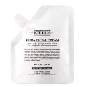 Kiehl's Ultra Facial Cream, 5.07 fl. oz. (150 ml), is a 24-hour lightweight hydrating formula with 4.5% squalane and glacial glycoprotein, designed for moisture balance and skin barrier strength. The packaging is refillable, with 61% less plastic.
