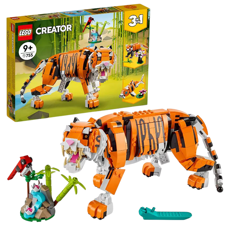 LEGO Creator 3-in-1 set for ages 9+, featuring a tiger model with additional builds like a red bird and waterfall scene.