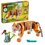 LEGO Creator 3-in-1 set for ages 9+, featuring a tiger model with additional builds like a red bird and waterfall scene.