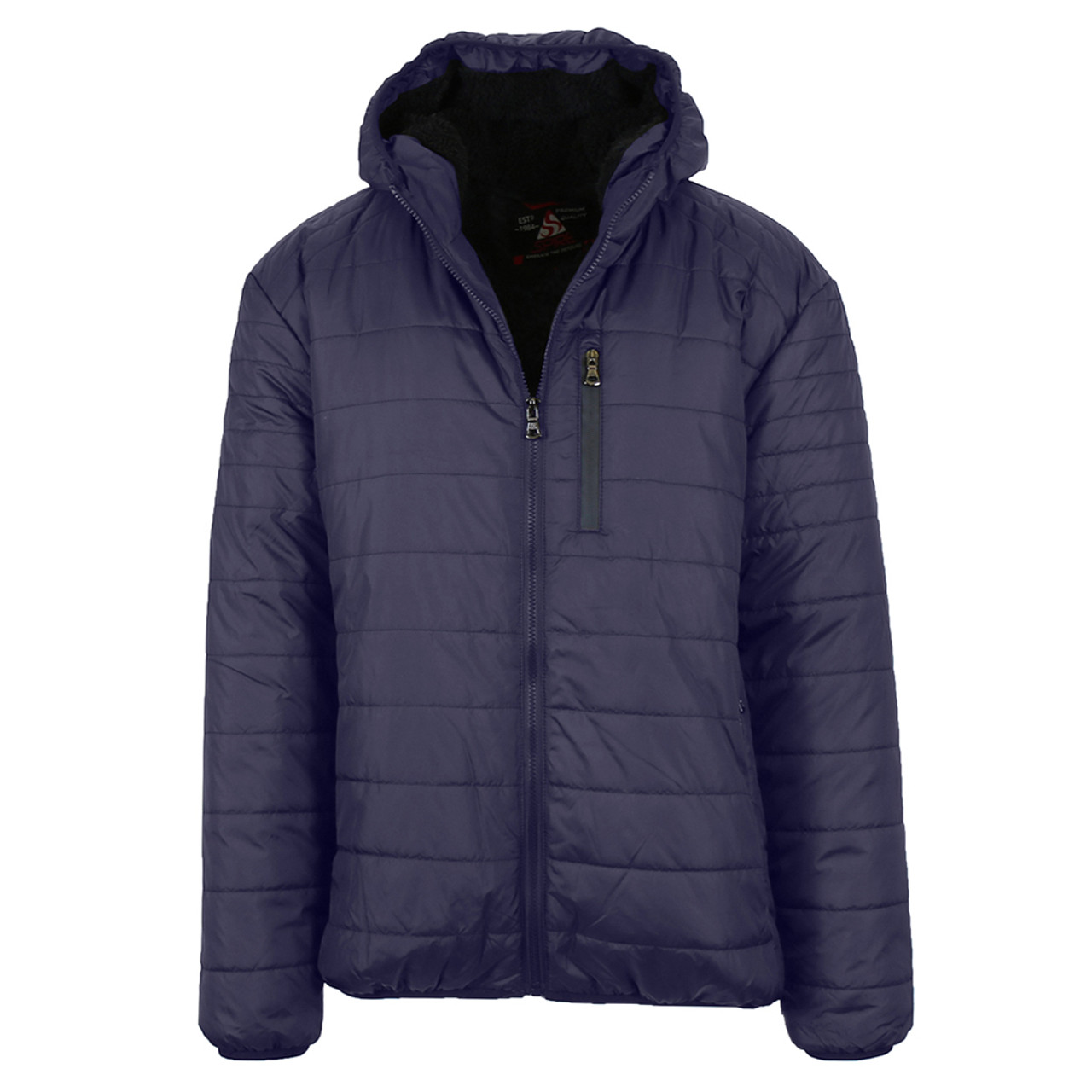 A dark blue quilted jacket with a hood and a zippered front, featuring a chest pocket with a vertical zipper.