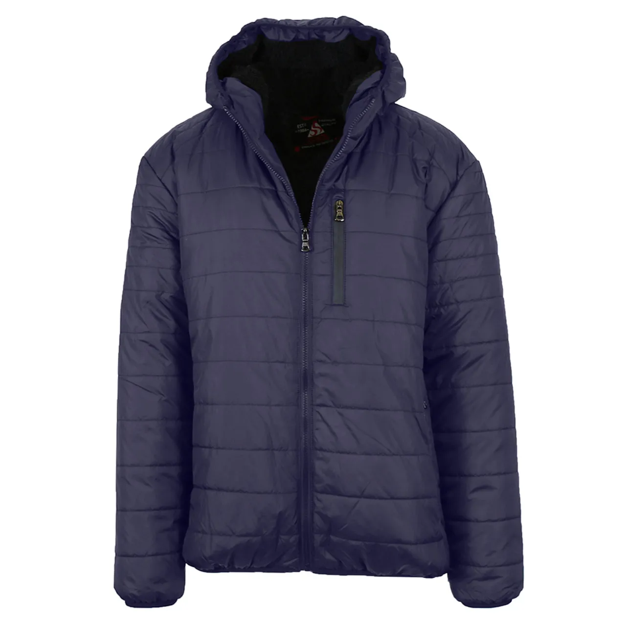 A dark blue quilted jacket with a hood and a zippered front, featuring a chest pocket with a vertical zipper.