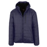 A dark blue quilted jacket with a hood and a zippered front, featuring a chest pocket with a vertical zipper.