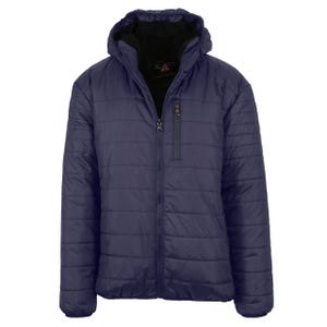 A dark blue quilted jacket with a hood and a zippered front, featuring a chest pocket with a vertical zipper.