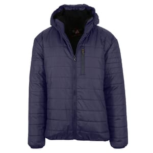 A dark blue quilted jacket with a hood and a zippered front, featuring a chest pocket with a vertical zipper.