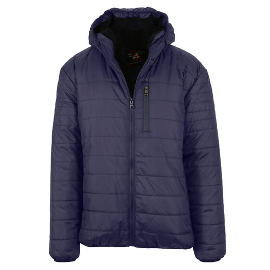 A dark blue quilted jacket with a hood and a zippered front, featuring a chest pocket with a vertical zipper.