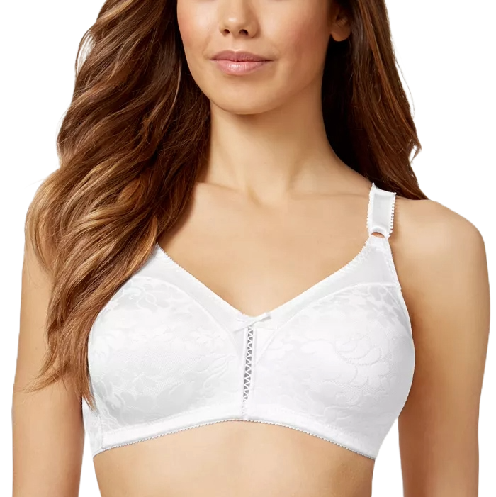 Bali Double Support Wireless Bra features a seamless, full-coverage design with a floral pattern, adjustable straps, and a small decorative bow at the center. It provides comfort and support without underwire.