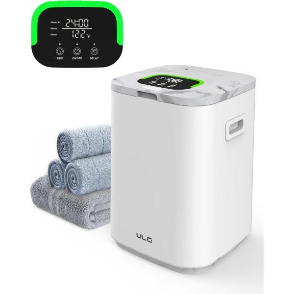 ULG towel warmer with an LED display and control panel, featuring timer and temperature settings, shown with three rolled towels.