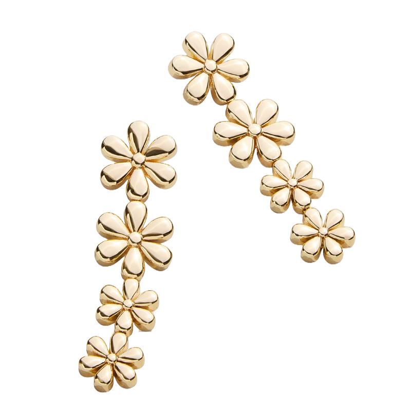 Gold-colored floral earrings featuring multiple small flowers arranged in a curved line.