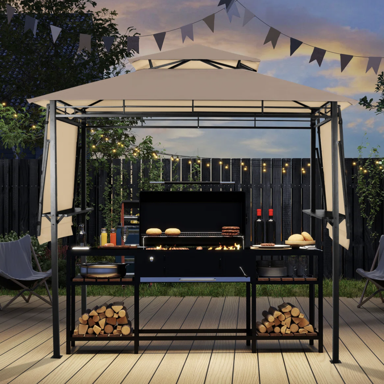 A backyard grilling station features a canopy with side shelves, wood storage, and a grill with burgers and buns. Decor includes hanging string lights and outdoor seating, creating a cozy atmosphere.
