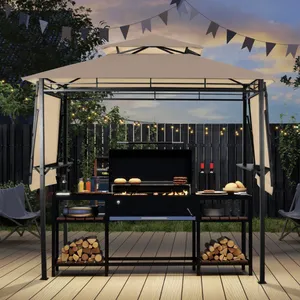 A backyard grilling station features a canopy with side shelves, wood storage, and a grill with burgers and buns. Decor includes hanging string lights and outdoor seating, creating a cozy atmosphere.