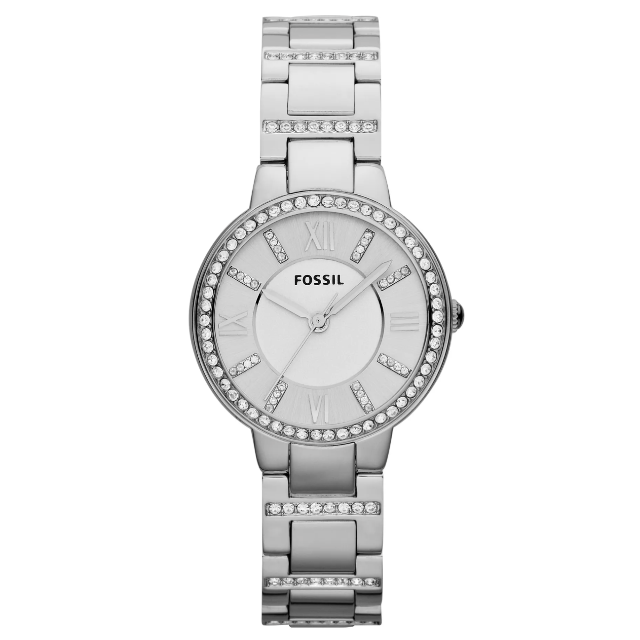 Silver Fossil watch with a rhinestone-studded bezel and band, featuring a round face with Roman numeral markers.