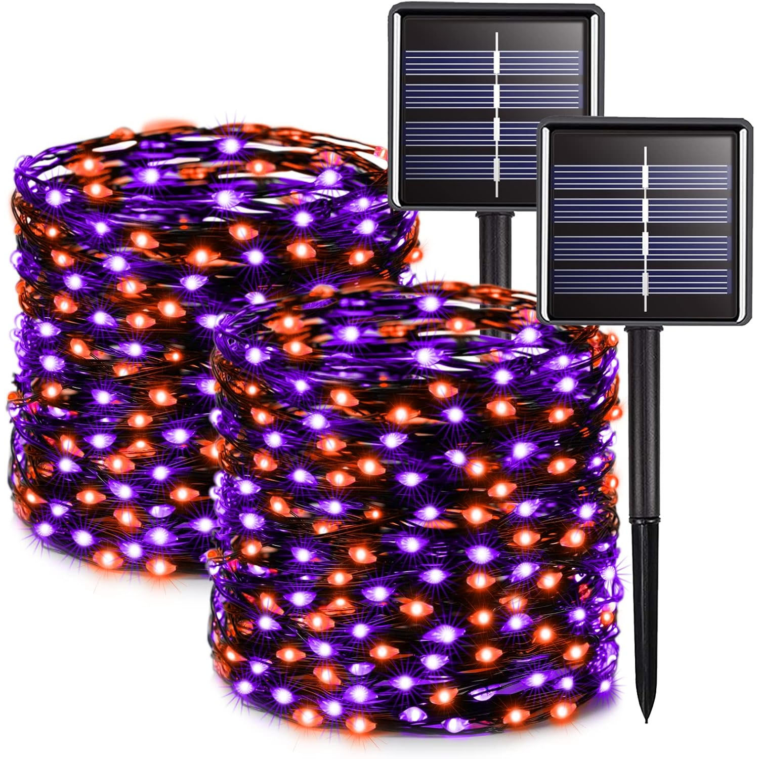 Two coils of solar-powered string lights with orange and purple LEDs, each equipped with a solar panel on a stake.