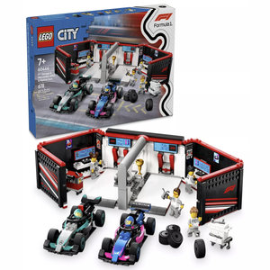 LEGO City set 60444 features a Formula 1 garage with Mercedes-AMG and Alpine cars, suitable for ages 7+, with 678 pieces. It includes pit crew minifigures, racing cars, and various accessories.