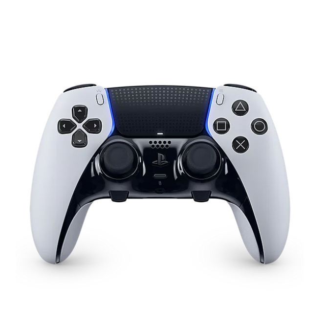 PlayStation 5 DualSense wireless controller featuring adaptive triggers and haptic feedback in a white and black design with signature PlayStation button icons.