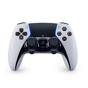 PlayStation 5 DualSense wireless controller featuring adaptive triggers and haptic feedback in a white and black design with signature PlayStation button icons.