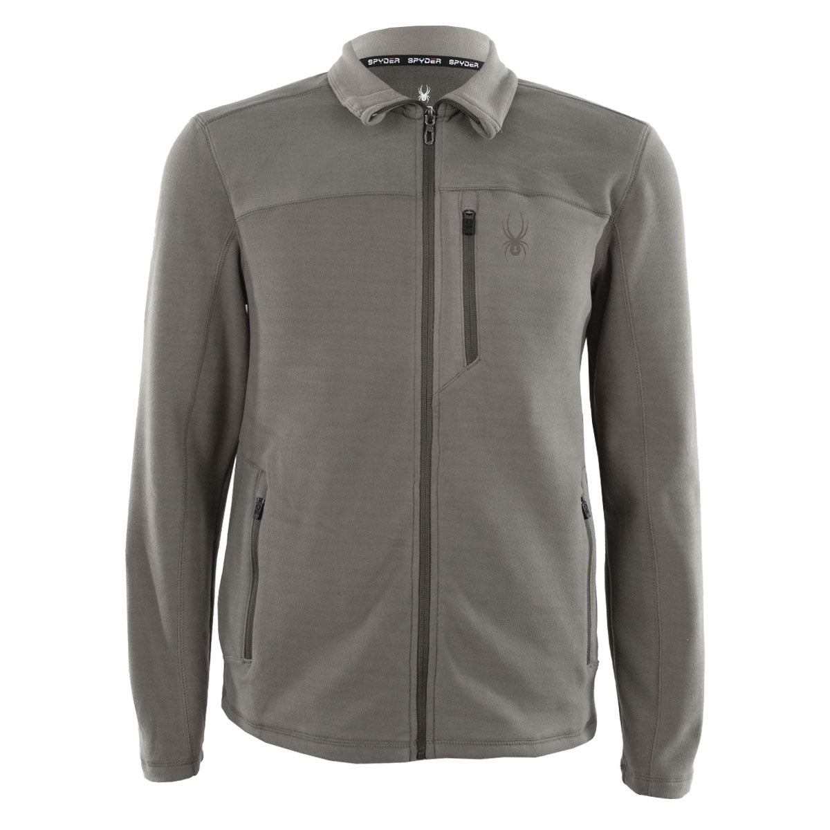 The Spyder Box Quilt Pullover is a grey jacket featuring a zip-up front, stand-up collar, chest pocket with a zip, and subtle Spyder logo on the upper left chest.