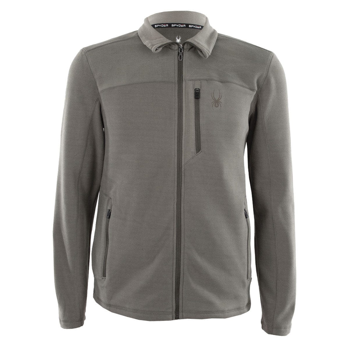 The Spyder Box Quilt Pullover is a grey jacket featuring a zip-up front, stand-up collar, chest pocket with a zip, and subtle Spyder logo on the upper left chest.