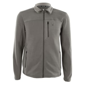 The Spyder Box Quilt Pullover is a grey jacket featuring a zip-up front, stand-up collar, chest pocket with a zip, and subtle Spyder logo on the upper left chest.