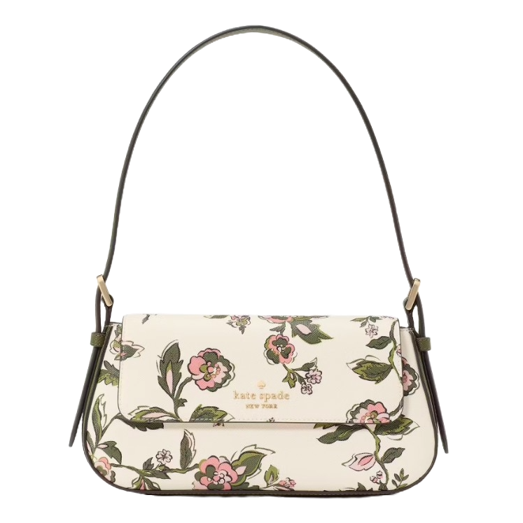 A small shoulder bag featuring a floral print on a white background with a flap closure and slender strap.