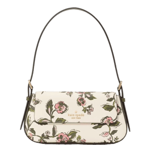 A small shoulder bag featuring a floral print on a white background with a flap closure and slender strap.