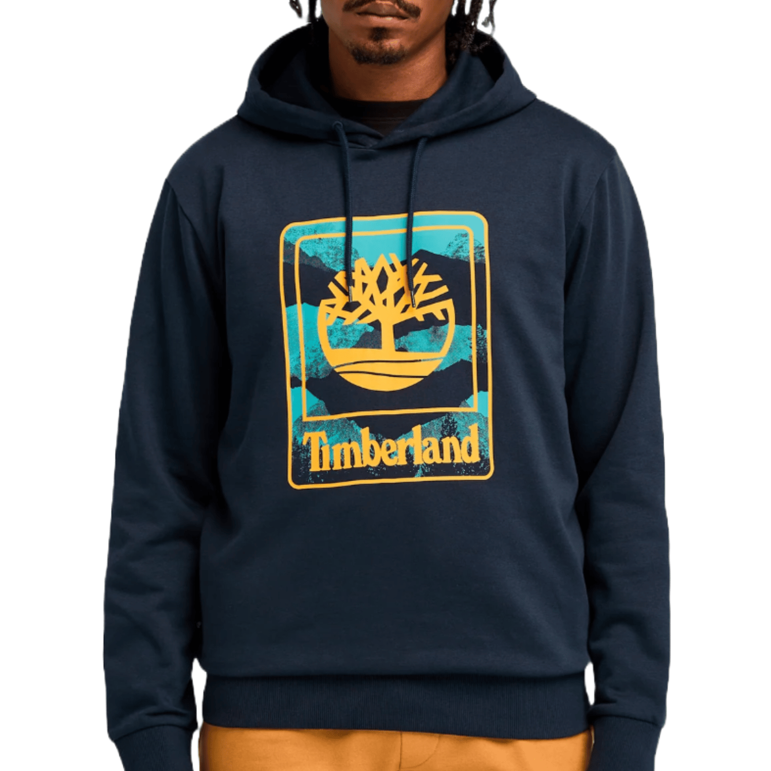 Navy blue Timberland men's hoodie with a yellow and turquoise graphic featuring the Timberland tree logo and \“Timberland\“ text.