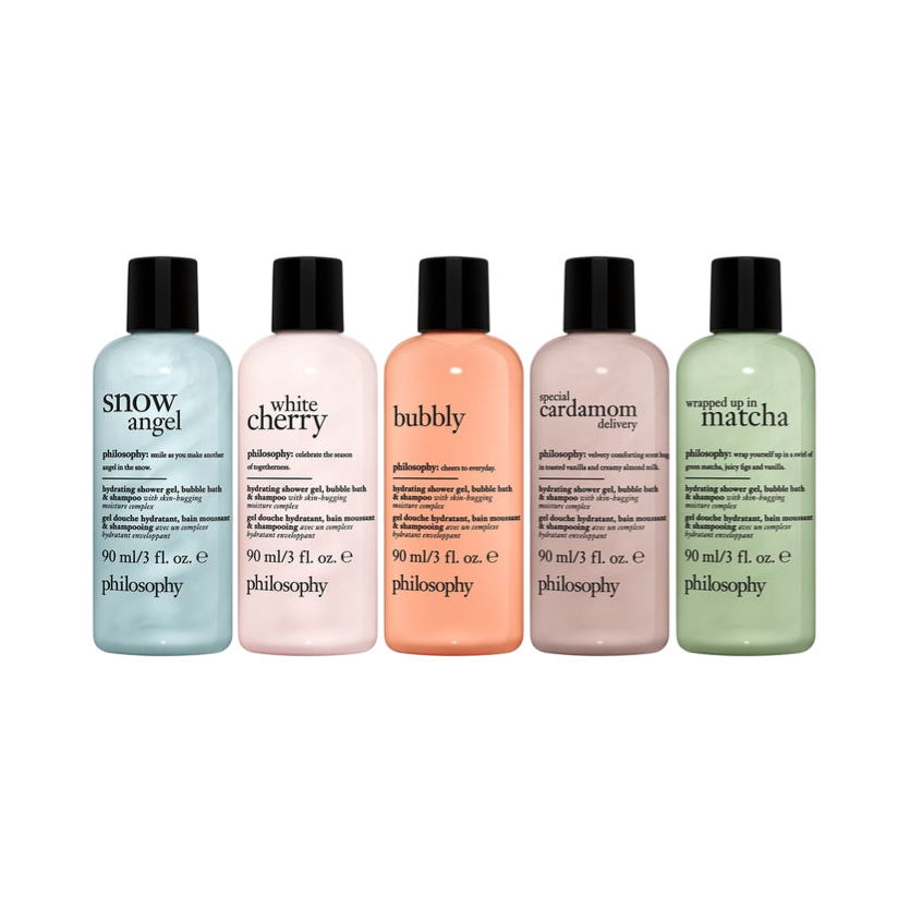Five Philosophy body care bottles are displayed, each with different scents: Snow Angel, White Cherry, Bubbly, Special Cardamom Delivery, and Wrapped Up in Matcha. Each bottle is 90 ml/3 fl. oz.