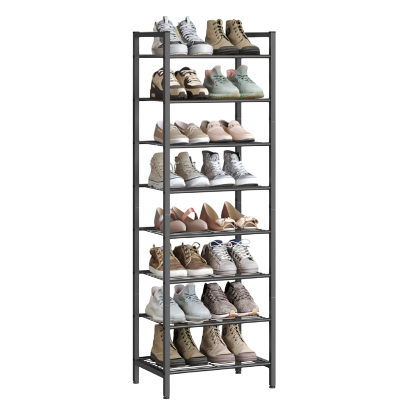 A tall, multi-tier shoe rack holds various pairs of sneakers and shoes in neutral and pastel colors, organized on five shelves.
