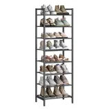 A tall, multi-tier shoe rack holds various pairs of sneakers and shoes in neutral and pastel colors, organized on five shelves.