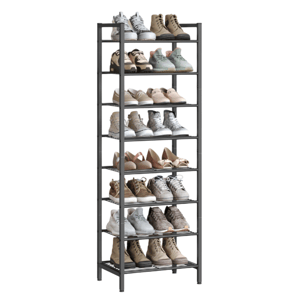 A tall, multi-tier shoe rack holds various pairs of sneakers and shoes in neutral and pastel colors, organized on five shelves.