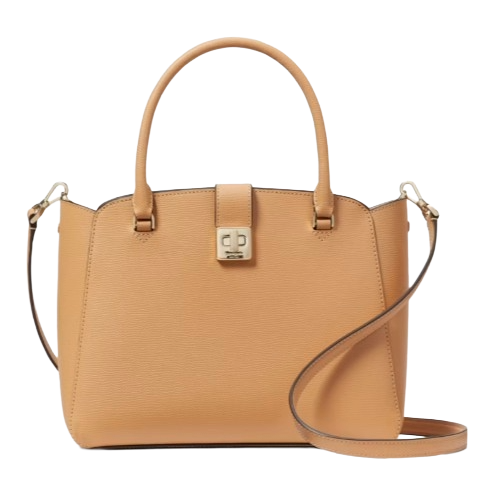 A tan structured handbag with a top handle and a detachable shoulder strap, featuring a gold clasp closure on the front.