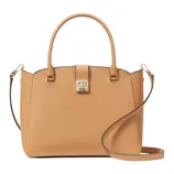 A tan structured handbag with a top handle and a detachable shoulder strap, featuring a gold clasp closure on the front.